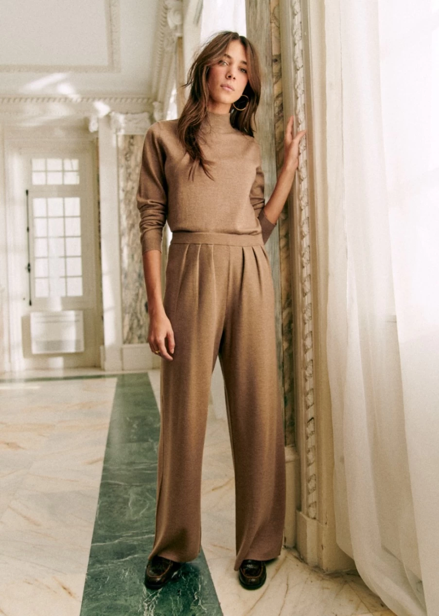 Sezane Women's Loulou Knit Trousers in Light Camel - Comfortable & Stylish Knit Pants