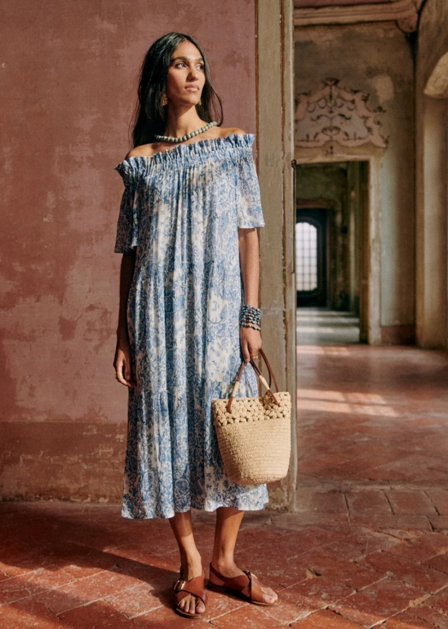 Sezane Women's Ceres Dress in Alcazar Blue - Elegant Flowy Midi Dress
