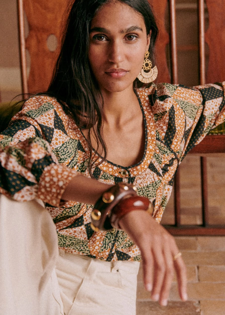 Sezane Women's Oana Shirt in Graphic Patchwork Print - Stylish & Unique Design