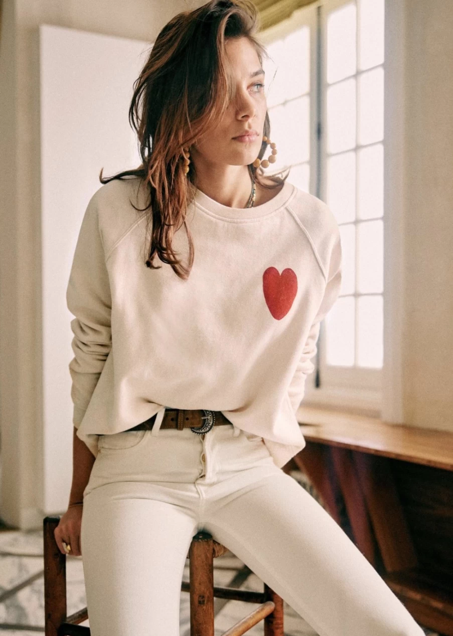 Sezane X Bobo Choses Heart Sweatshirt for Women - Creme & Rouge Cozy Pullover