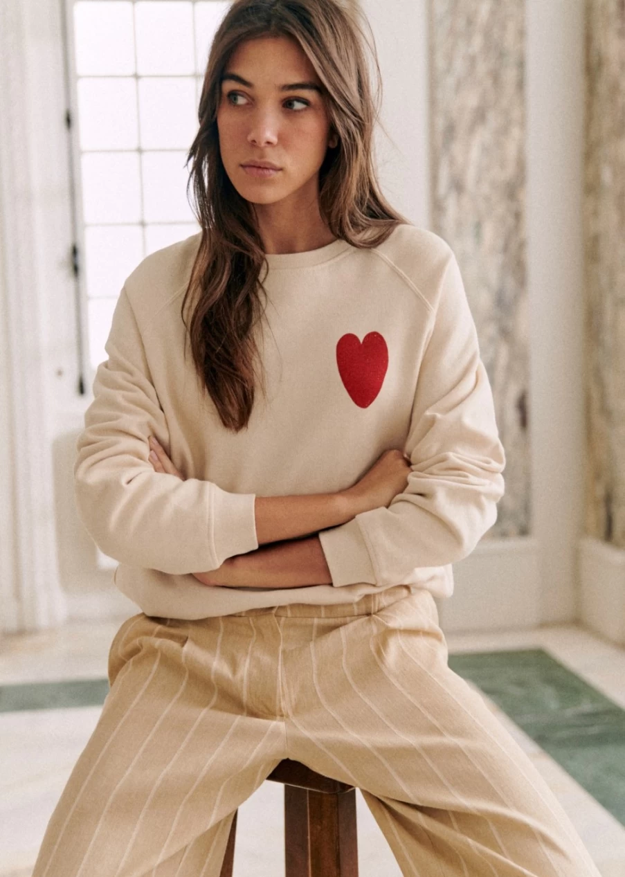 Sezane X Bobo Choses Heart Sweatshirt for Women - Creme & Rouge Cozy Pullover