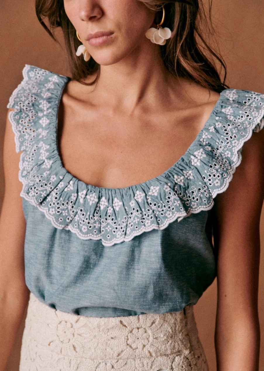 Sezane Women's Rosa Blouse in Chambray - Elegant Feminine Top