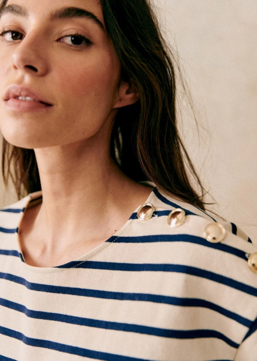 Sezane Women's Derek T-Shirt in Ecru and Navy Colors