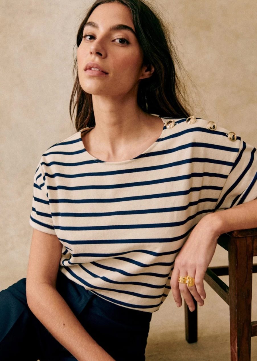 Sezane Women's Derek T-Shirt in Ecru and Navy Colors