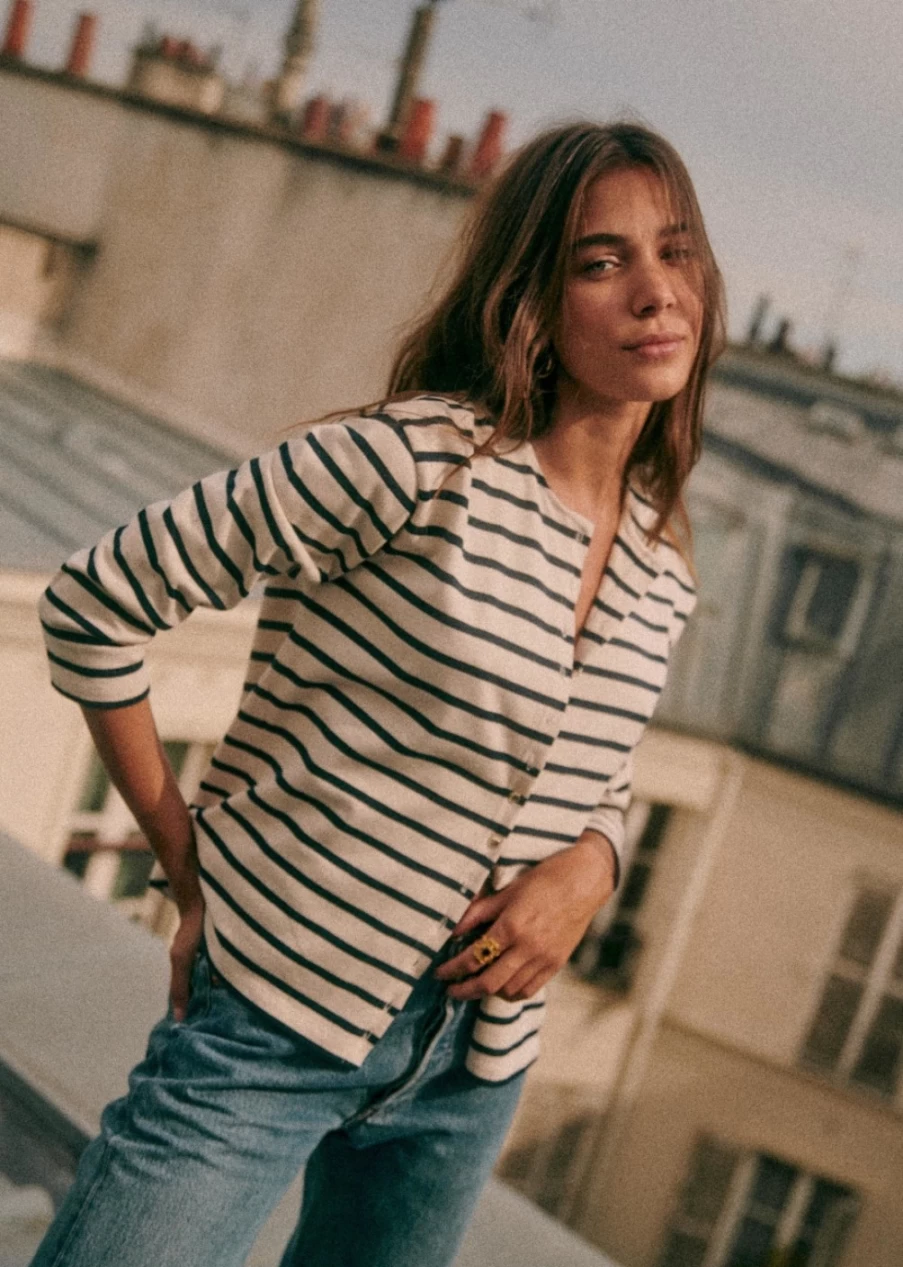 Sezane Women's Noam Mariniere in Ecru and Navy Striped Top