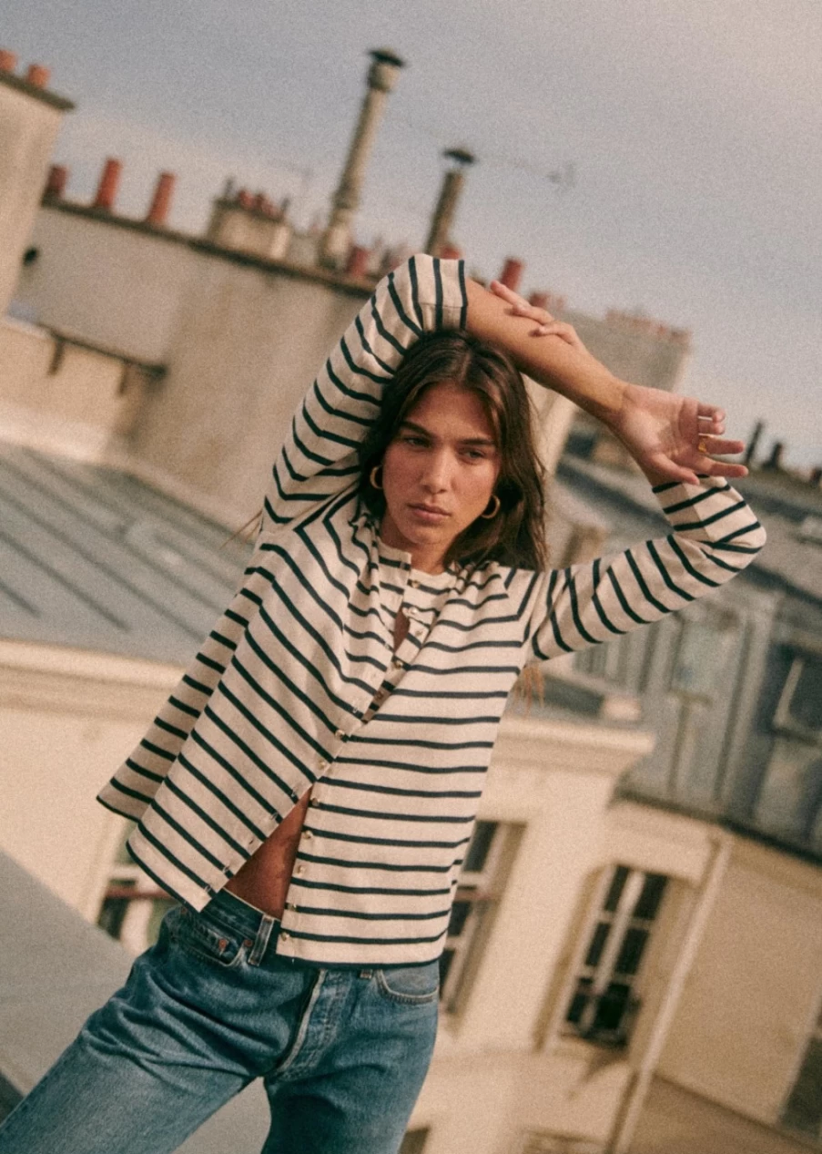 Sezane Women's Noam Mariniere in Ecru and Navy Striped Top