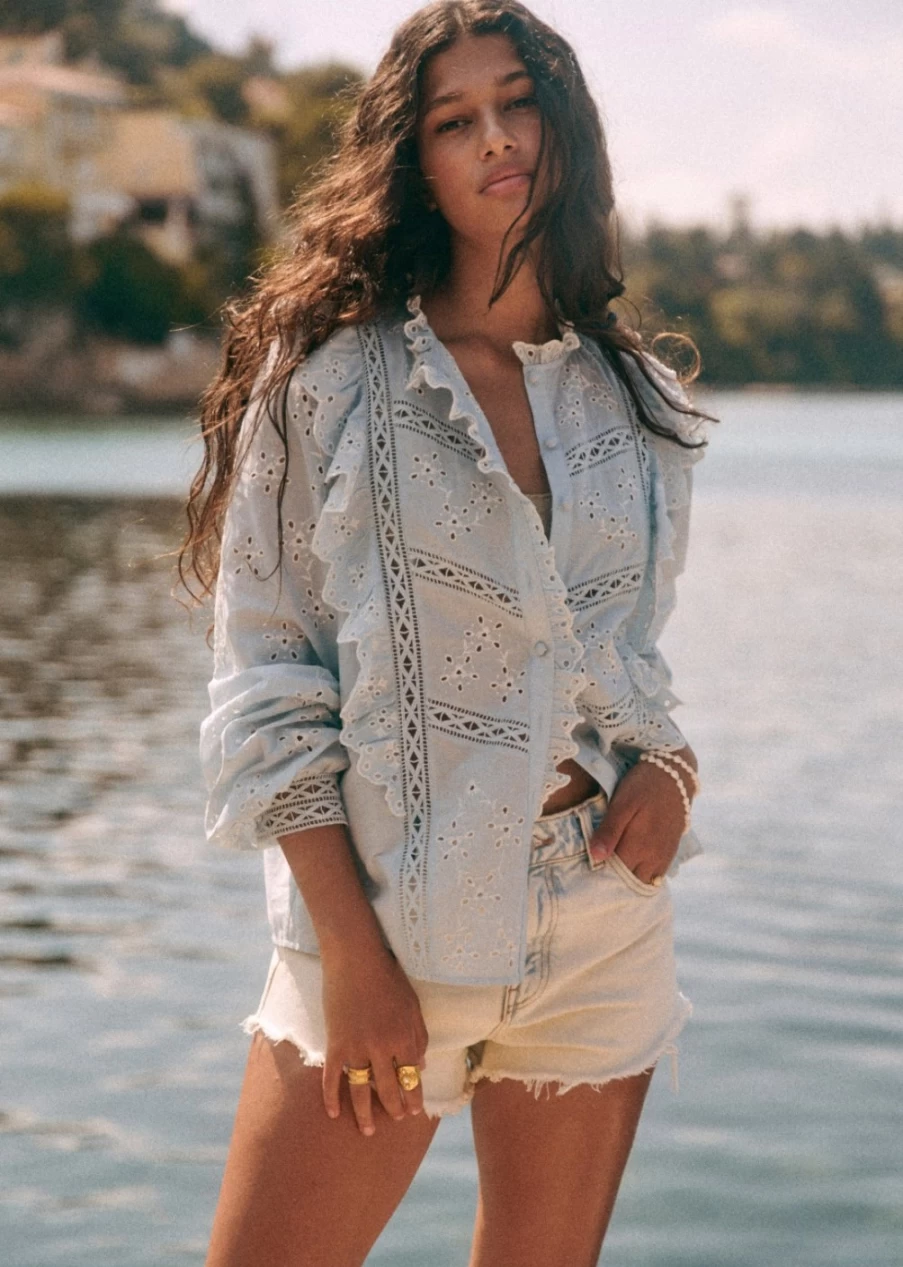 Sezane Women's Irma Shirt in Light Blue & Ecru - Classic Casual Blouse