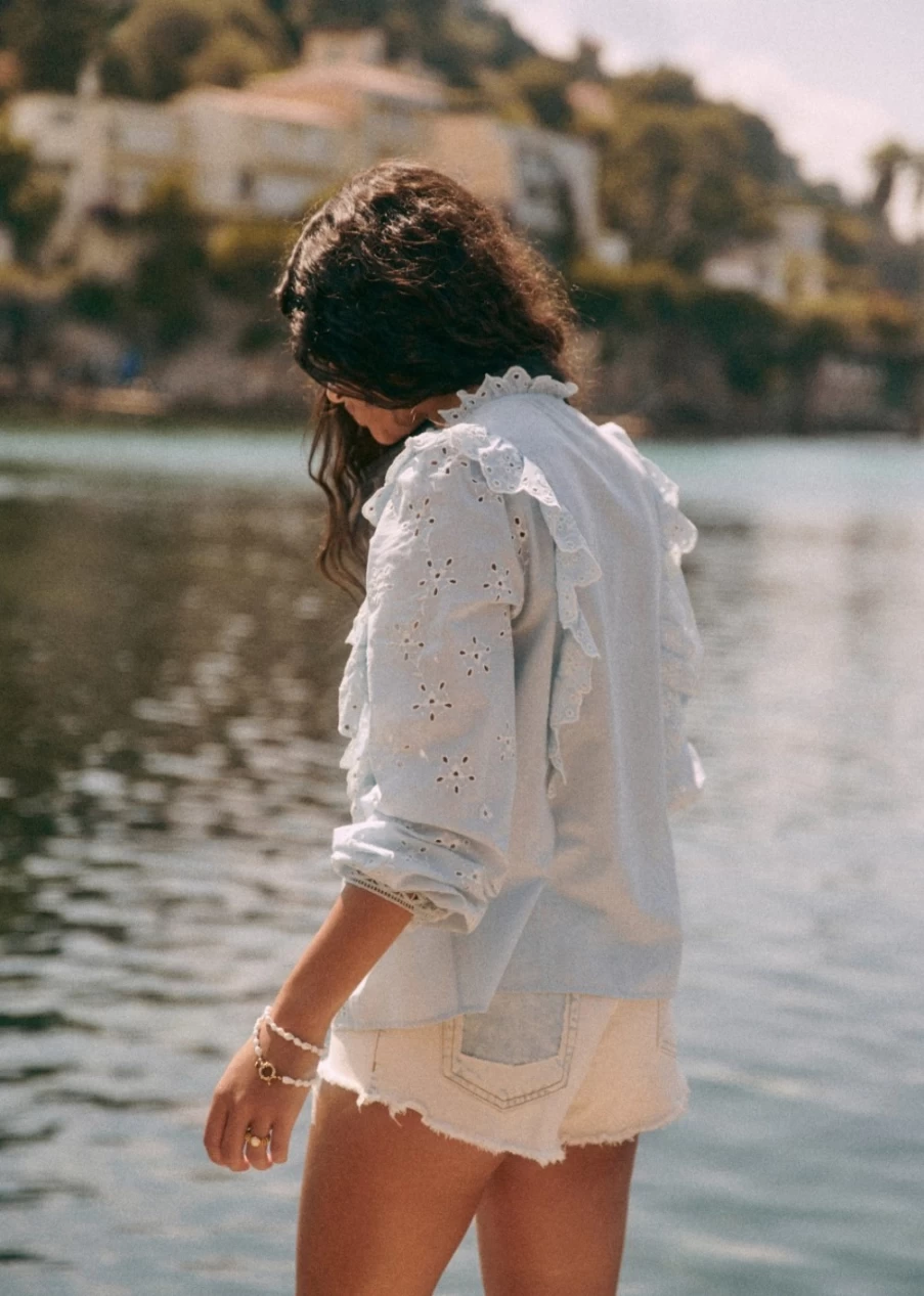 Sezane Women's Irma Shirt in Light Blue & Ecru - Classic Casual Blouse