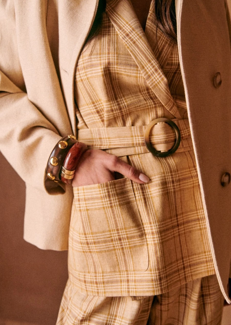 Sezane Women's Antonina Jacket in Ochre Check Print - Stylish Checkered Coat for Women