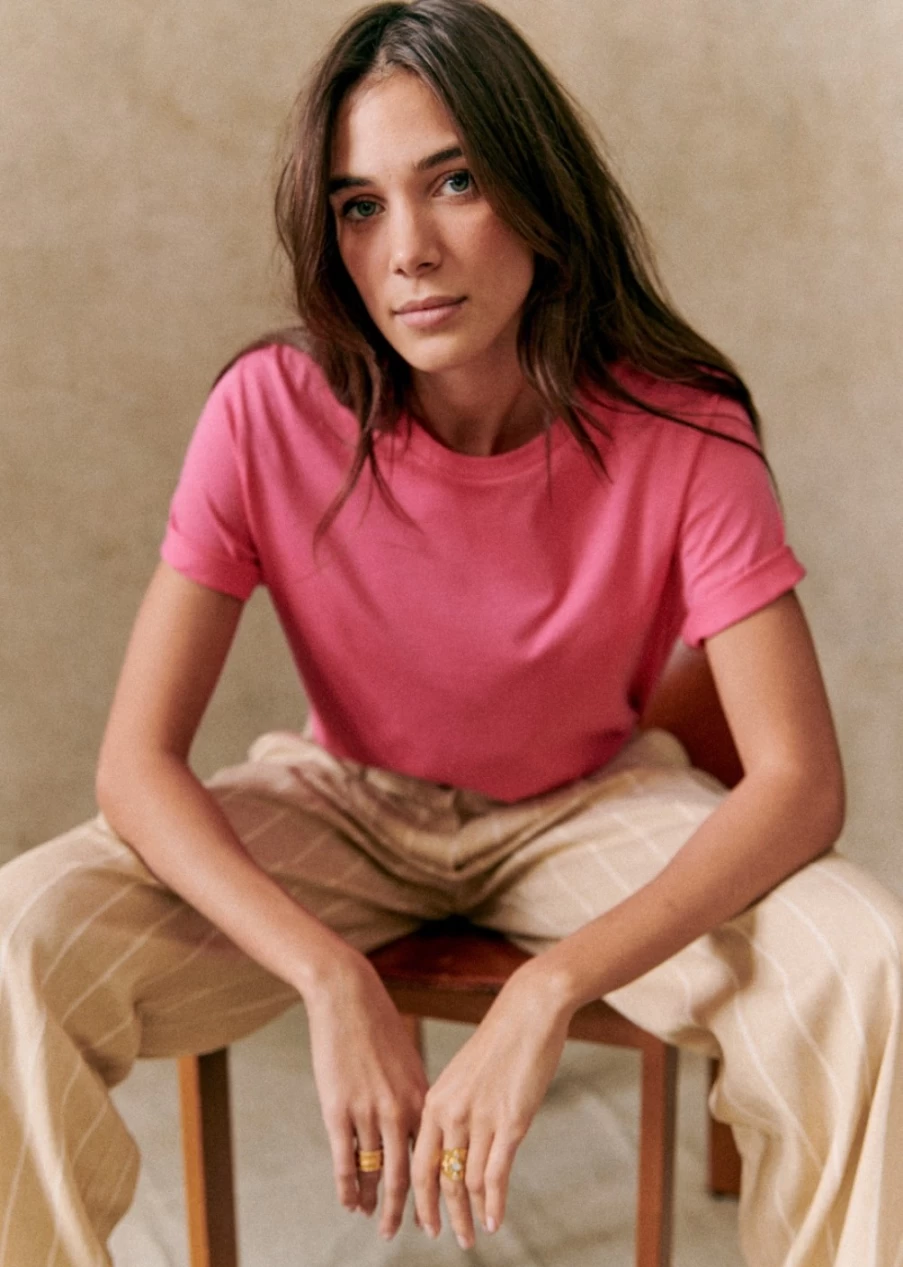 Sezane Women's Bubblegum Pink Conrad T-Shirt - Soft Cotton Casual Tee