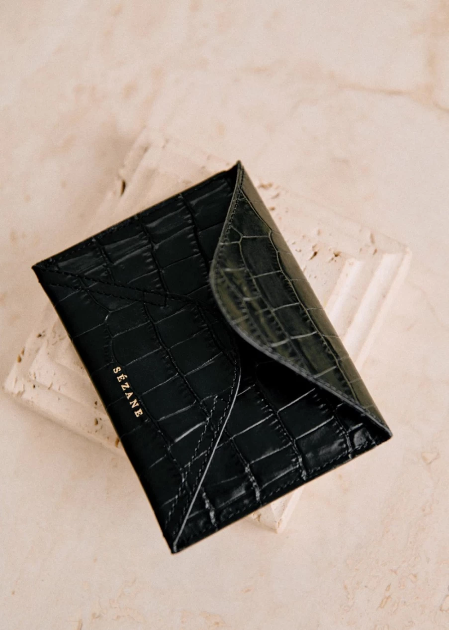 Sezane Olivia Croco Black Card Holder for Women
