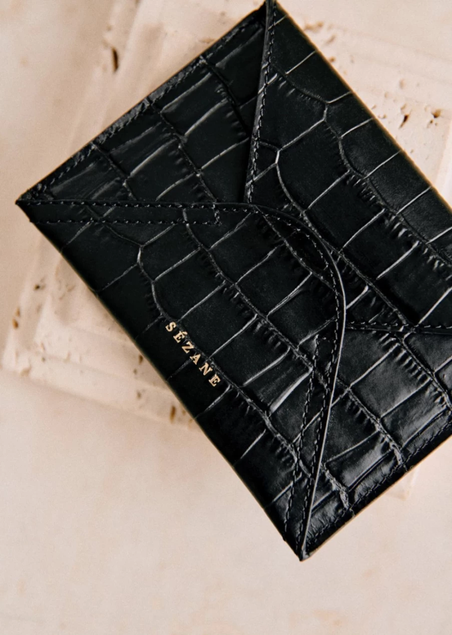 Sezane Olivia Croco Black Card Holder for Women