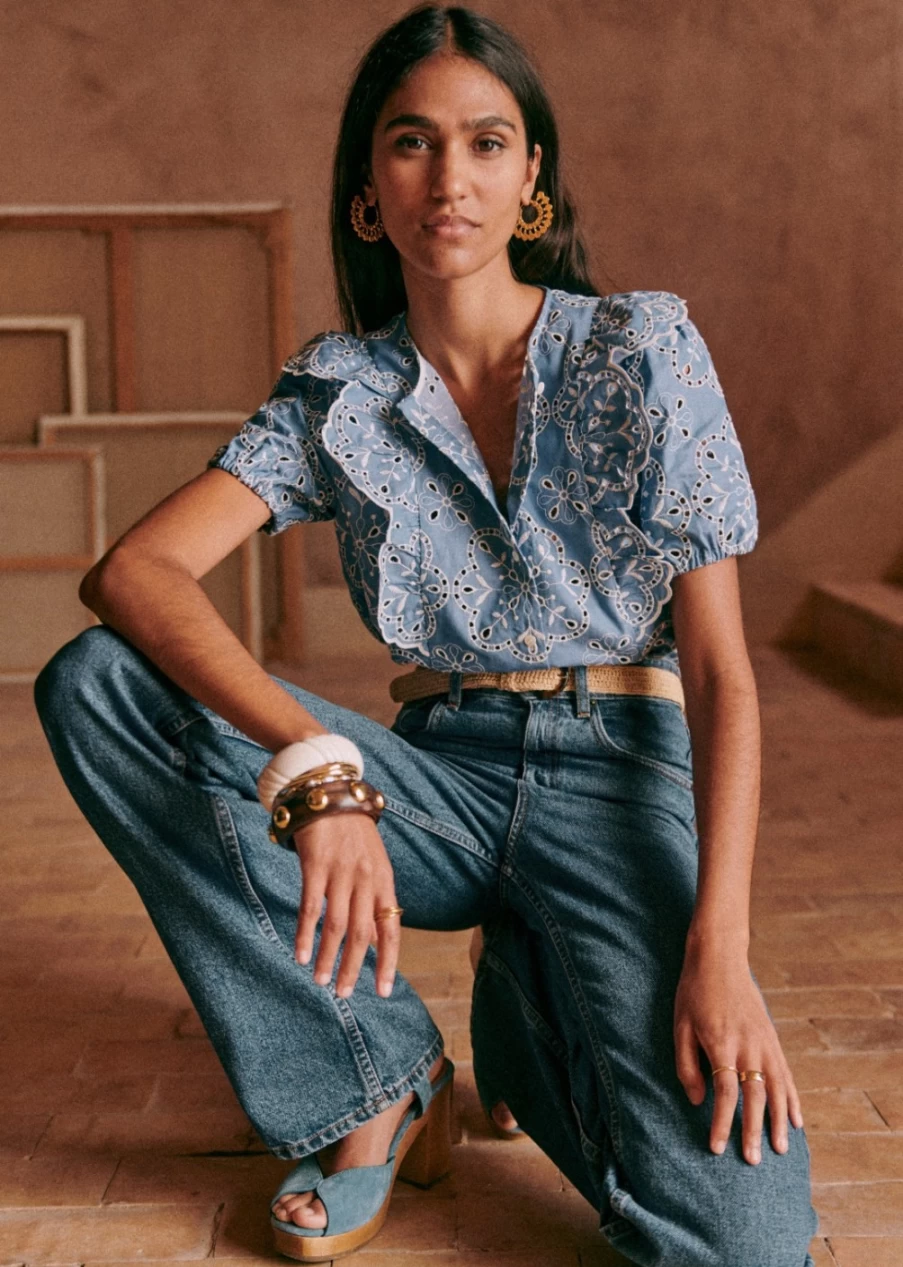 Sezane Women's Jordanna Shirt in Denim Blue & Ecru - Classic Casual Top