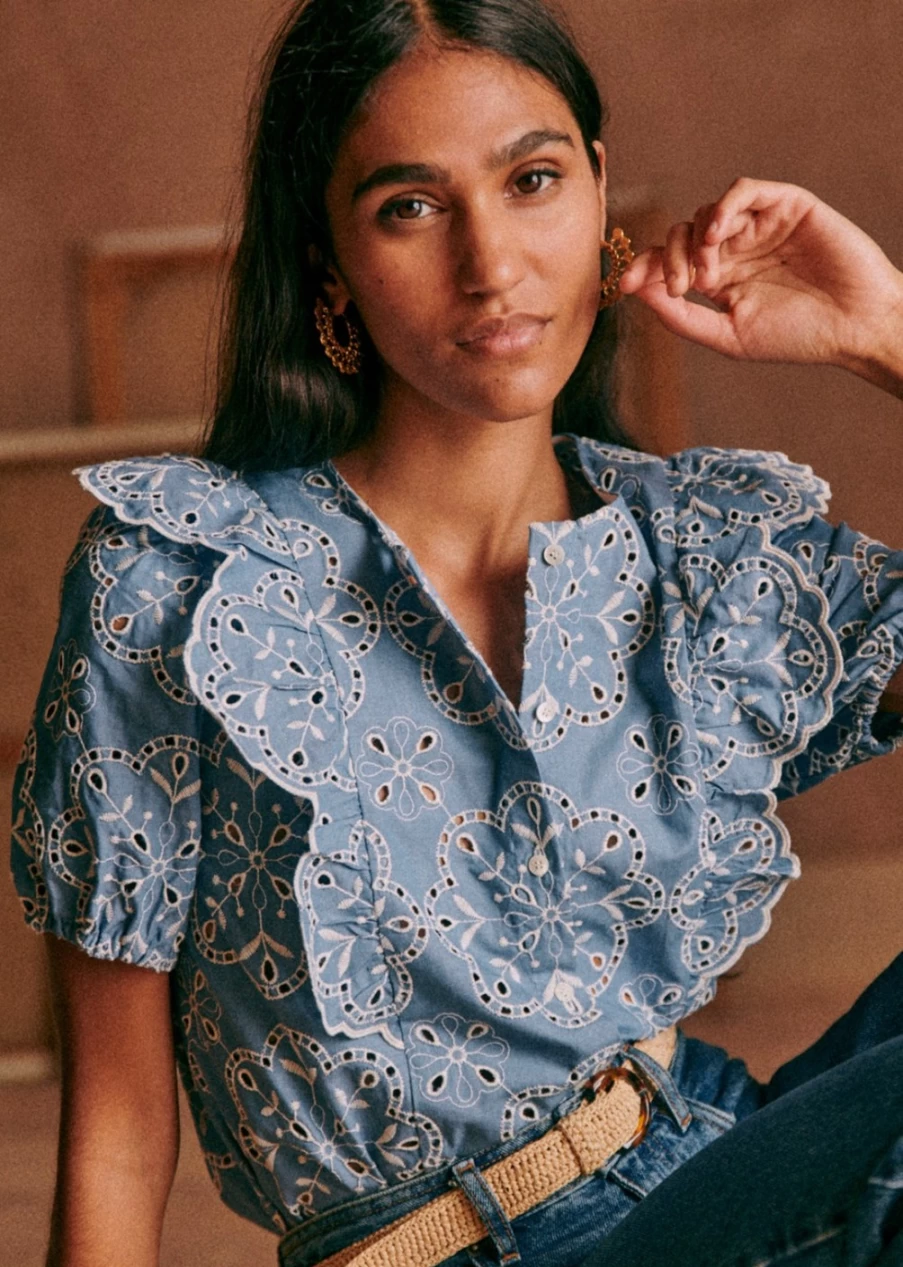 Sezane Women's Jordanna Shirt in Denim Blue & Ecru - Classic Casual Top