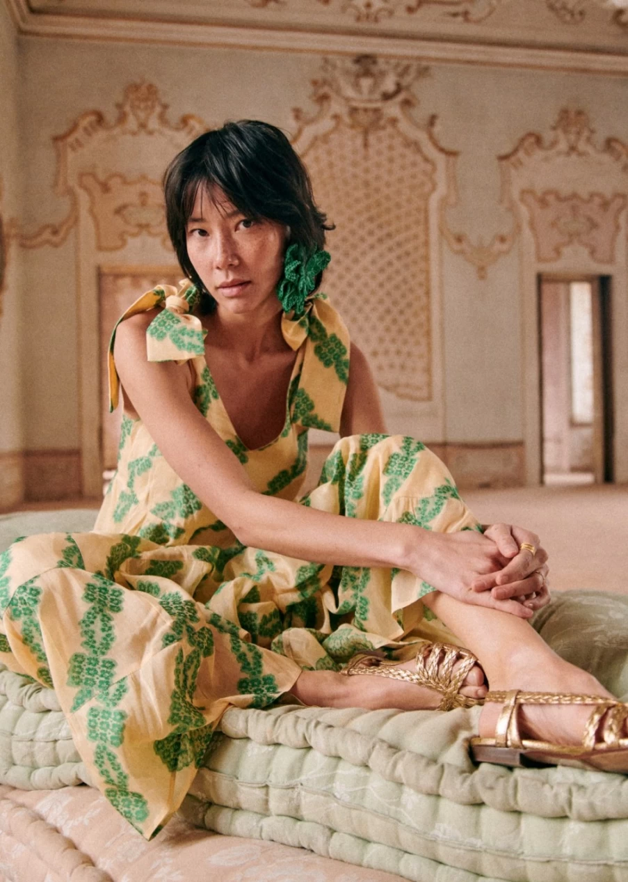 Sezane Women's Marina Dress in Ecru/Green Jacquard - Elegant Floral Printed Summer Dress