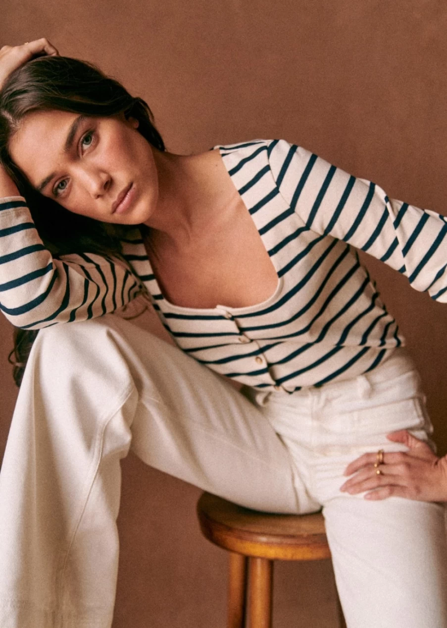 Sezane Women's Linea T-Shirt in Ecru & Navy | Classic Cotton Tee