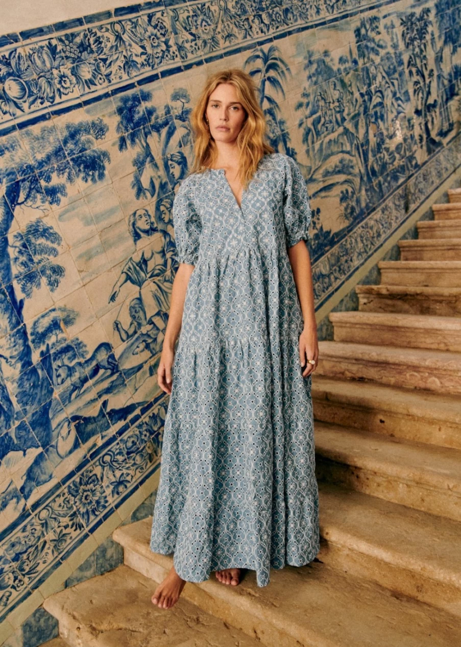 Sezane Women's Mayla Dress in Blue/Ecru - Elegant Floral Summer Dress