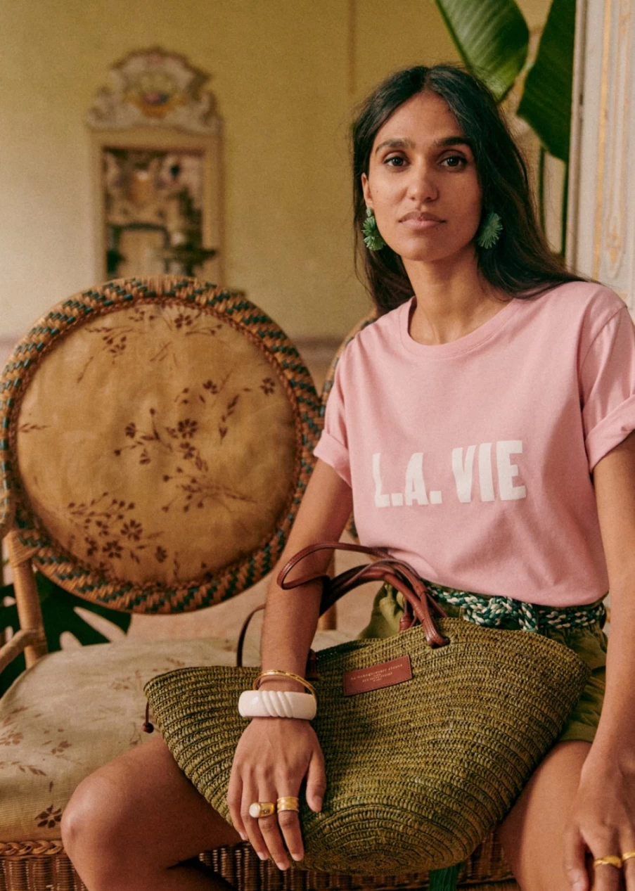 Sezane Women's Pink/Ecru L.A. Vie T-Shirt - Soft Cotton Casual Top