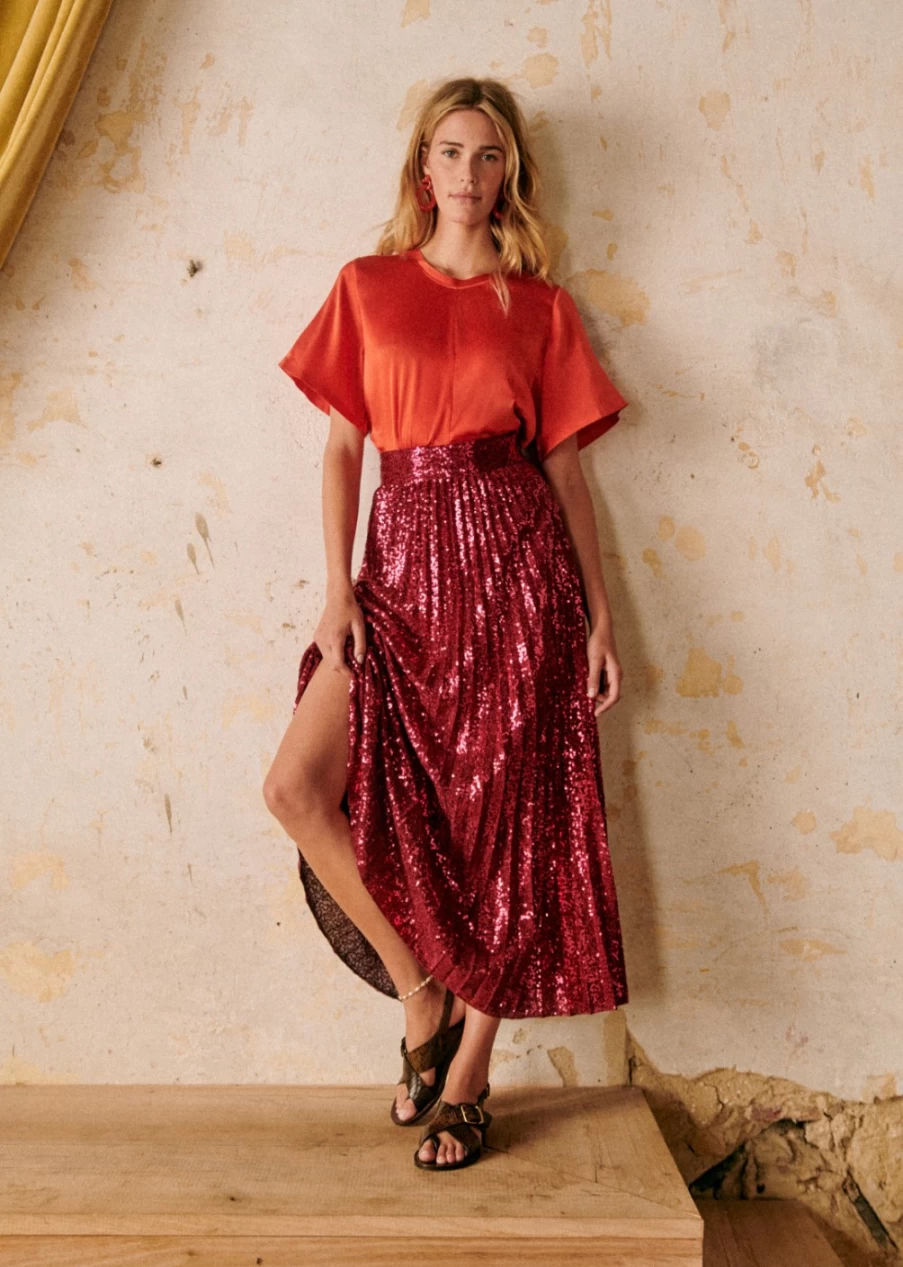 Sezane Women's Fuchsia Sequins Dilo Skirt | Glitter Embellished Party Skirt