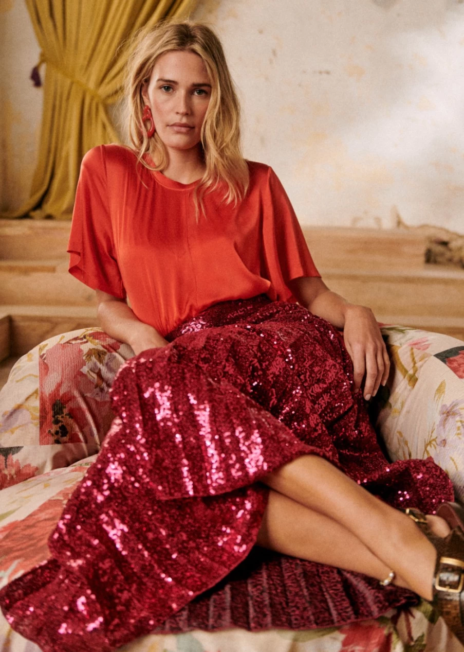 Sezane Women's Fuchsia Sequins Dilo Skirt | Glitter Embellished Party Skirt
