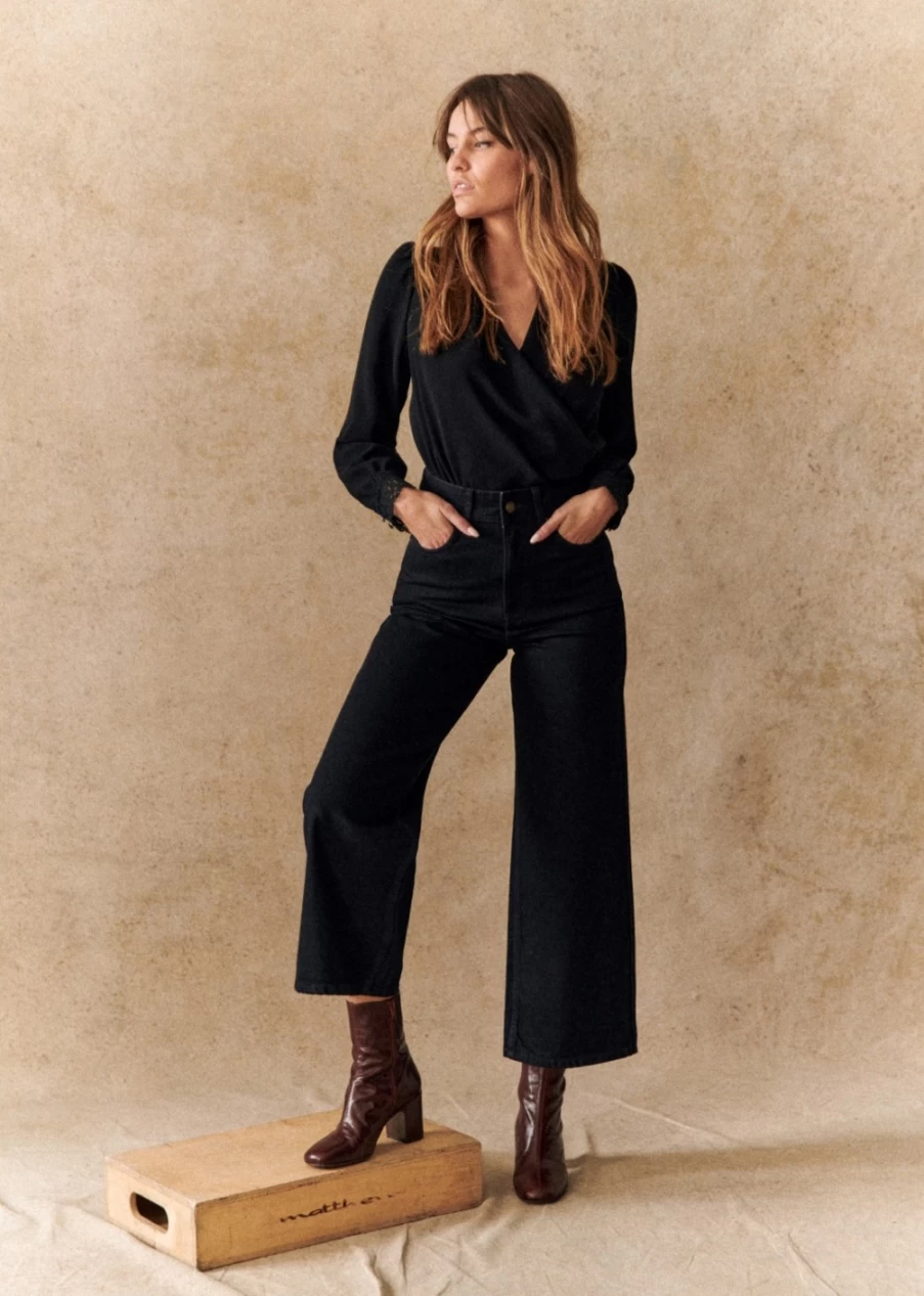 Sezane Amelie Black Blouse for Women - Elegant Feminine Top