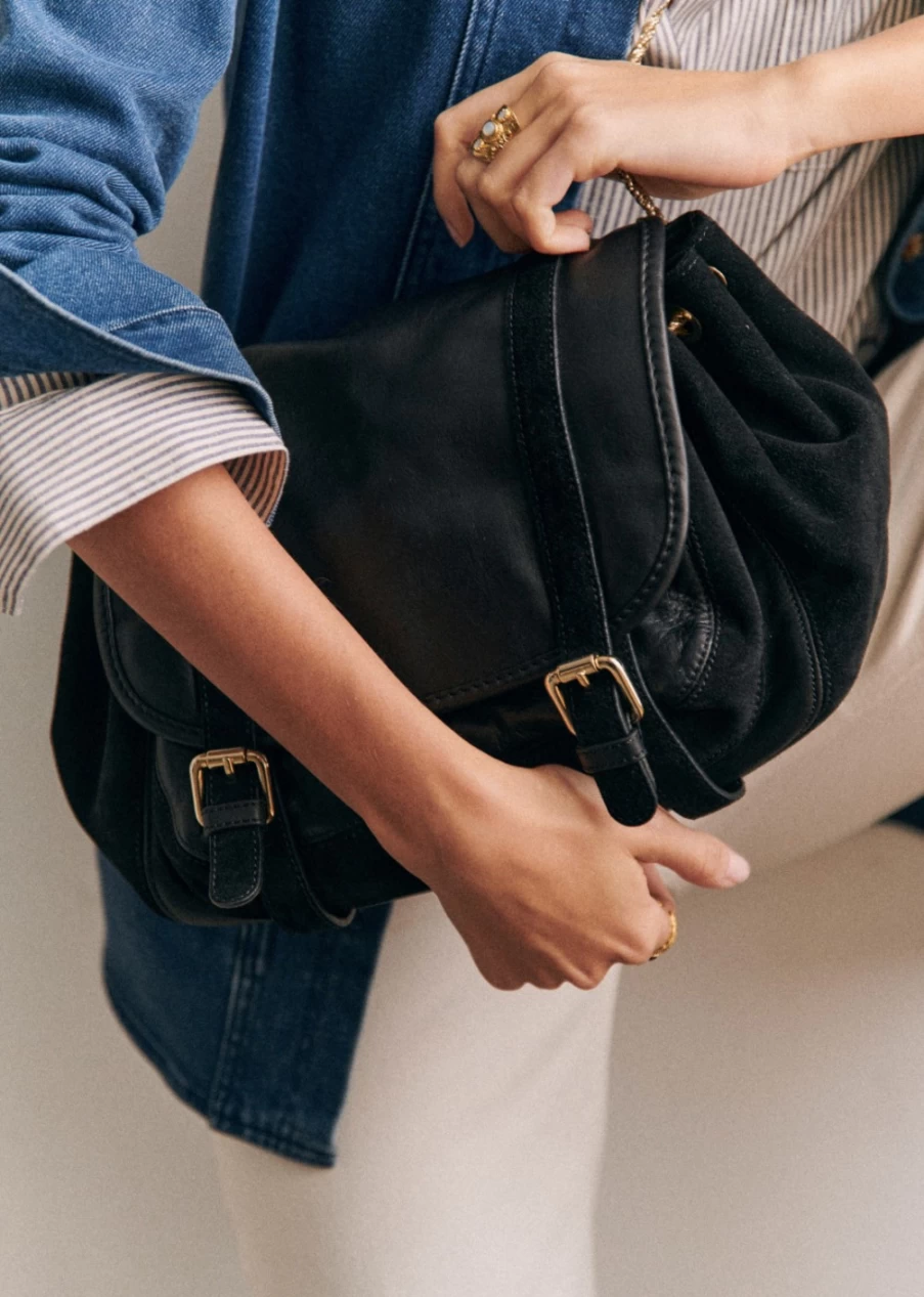 Sezane Women's Black Bi-Material Pola Bag - Stylish & Elegant Handbag