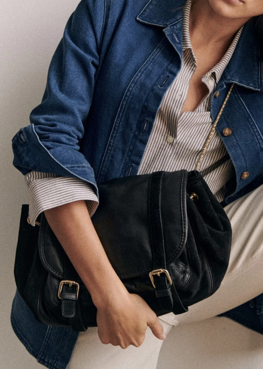 Sezane Women's Black Bi-Material Pola Bag - Stylish & Elegant Handbag