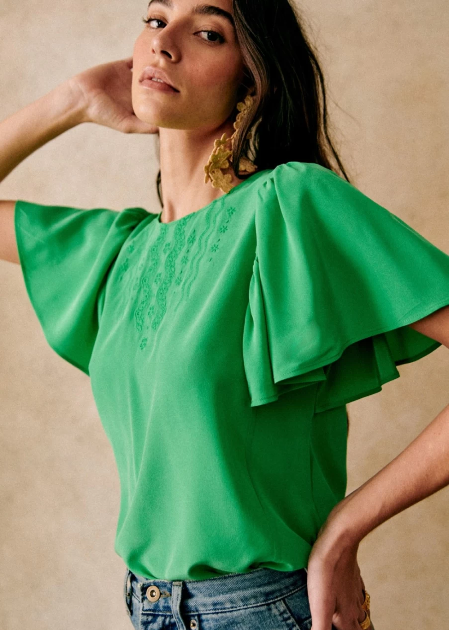Sezane Women's Bright Green Juna Blouse - Stylish & Elegant Top