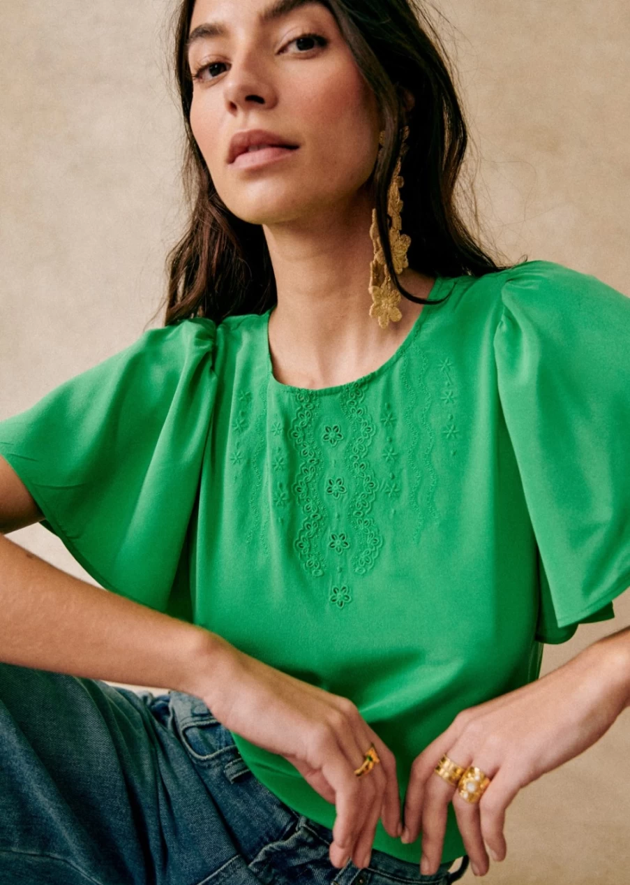Sezane Women's Bright Green Juna Blouse - Stylish & Elegant Top