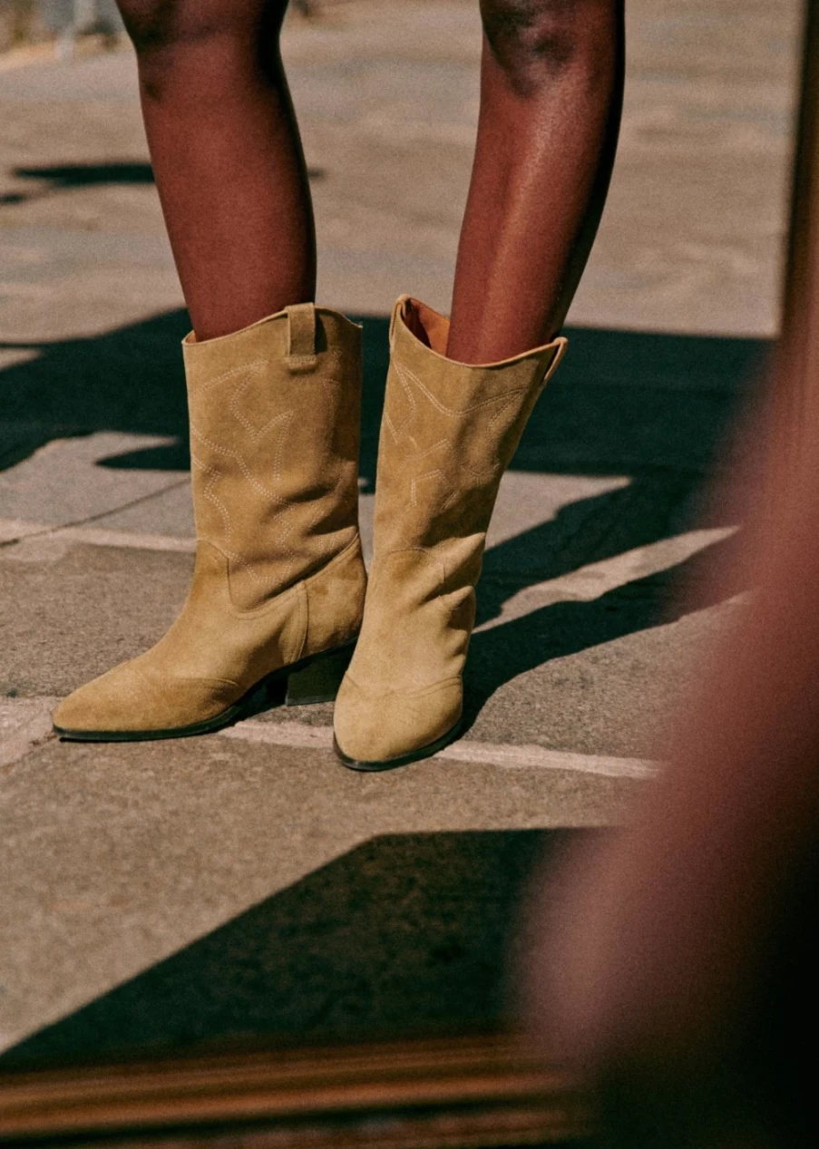Sezane Women's Phoebe Mid Calf Boots | Leather Mid Boots for Women | Stylish Ankle Boots
