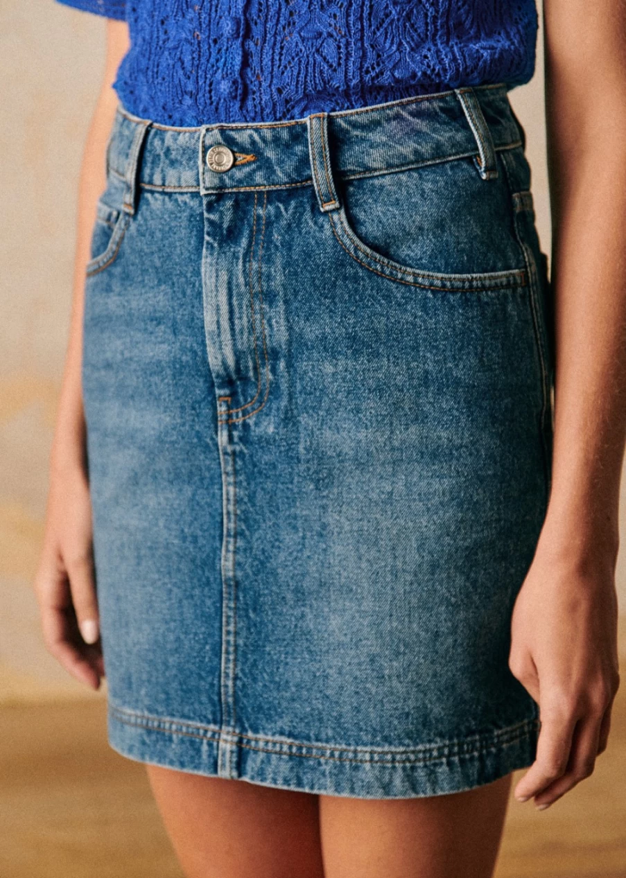 Sezane Women's Denim Maeva Skirt - Classic Blue Mid-Length Style