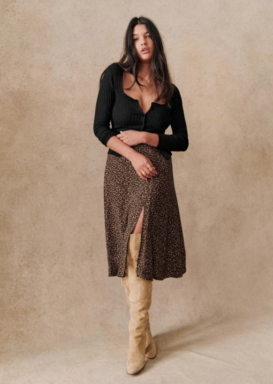 Sezane Women's Brown Leopard Print Tan Skirt - Stylish Animal Pattern Midi Skirt