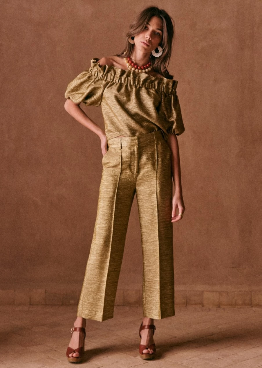 Sezane Women's Gold Carter Pants | Classic High-Waisted Trousers for Elegant Style