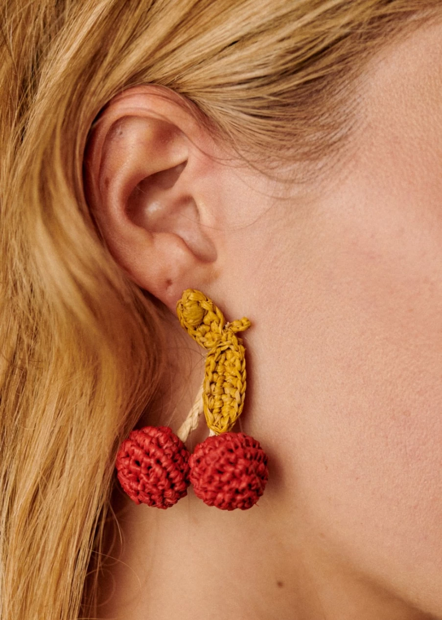 Sezane Red Cerise Earrings for Women - Elegant Dangling Cherry Jewelry