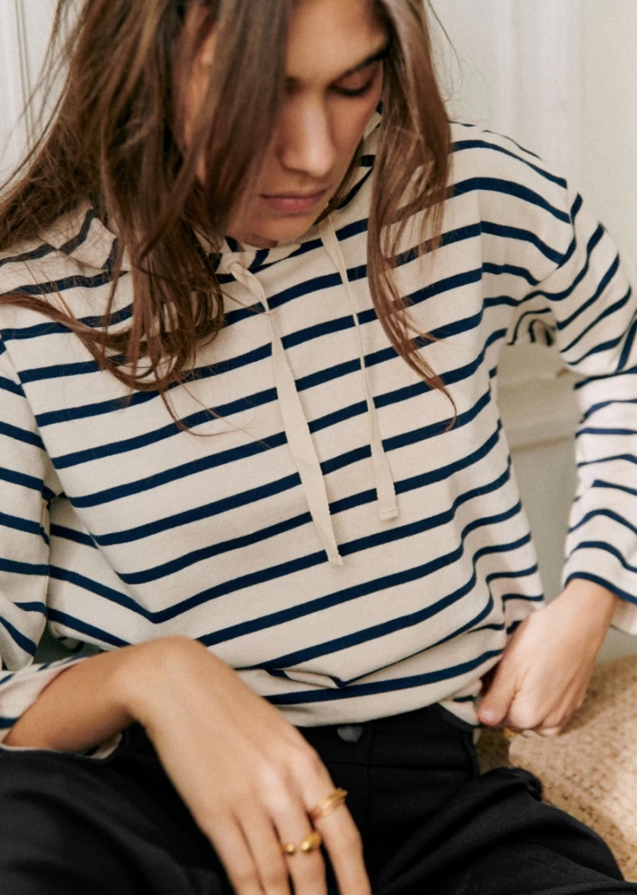 Sezane Women's Jonas Sweatshirt in Ecru & Navy - Comfortable Cotton Crewneck Pullover