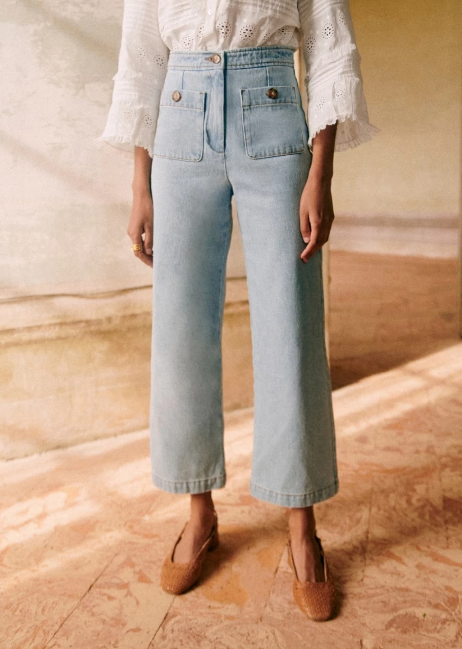 Sezane Women's Emilio Pants in Bleach Denim | High-Waisted Trousers