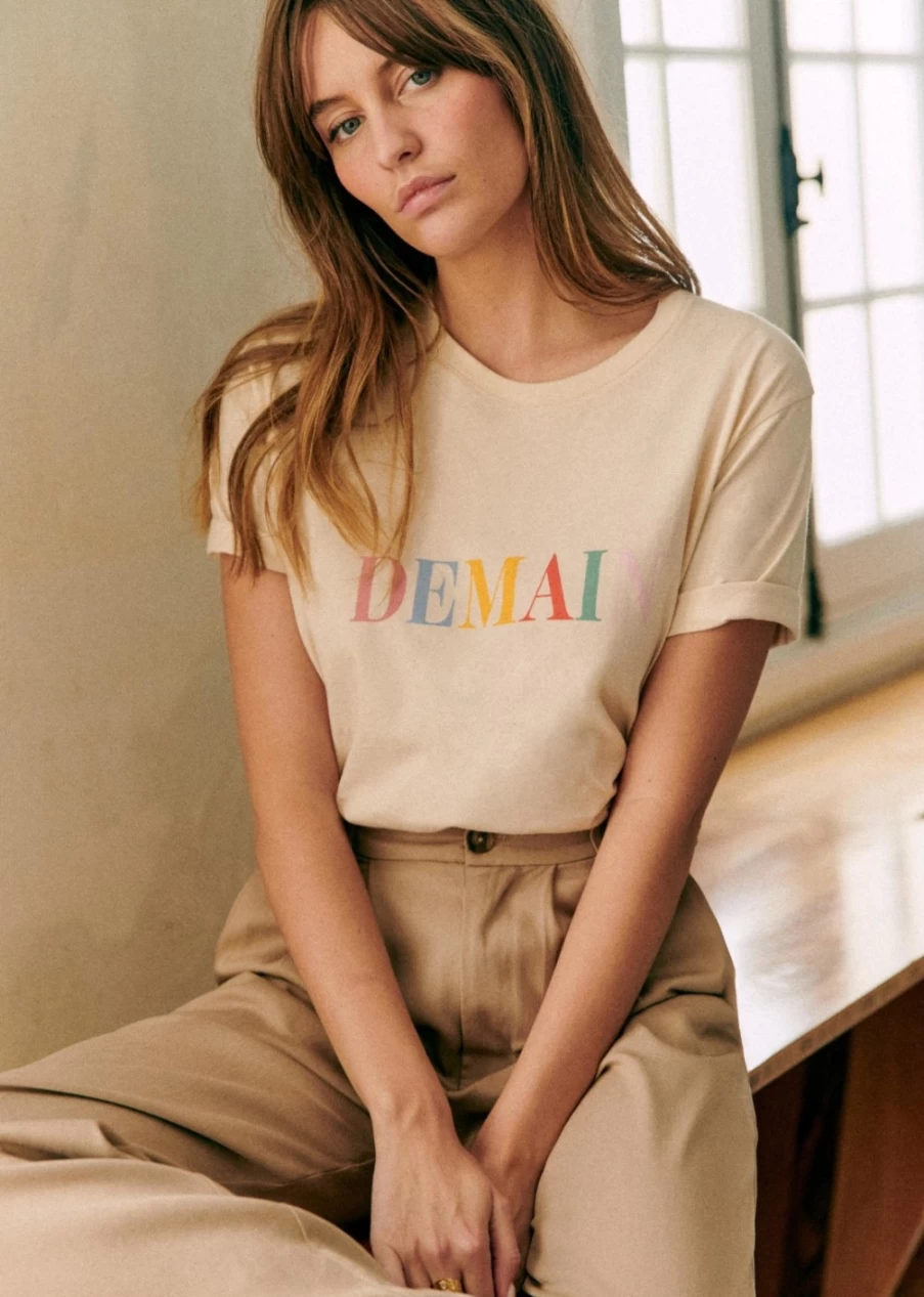 Sezane Women's Demain T-Shirt in Cream & Multicolour Stripes | French-Inspired Casual Top