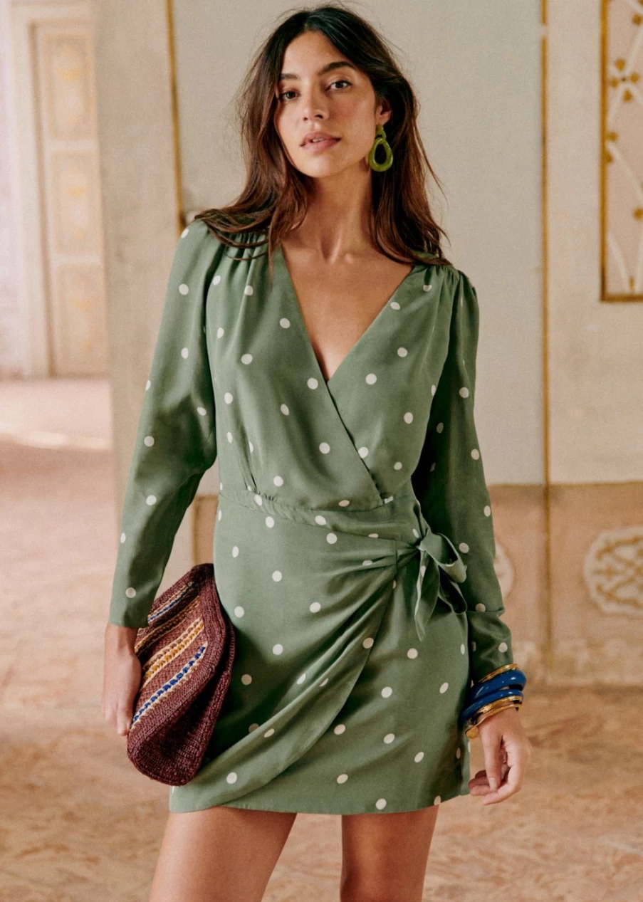 Sezane Women's Noemia Dress in Khaki/Ecru Polka Dots - Flowy Boho Chic Style