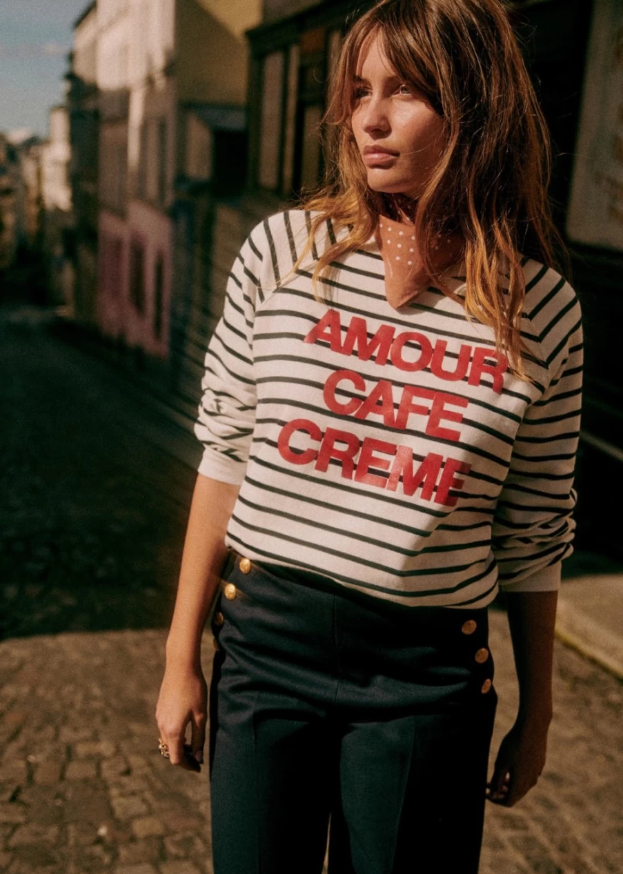Sezane Women's Amour Cafe Creme Sweatshirt - Cozy Crewneck Pullover