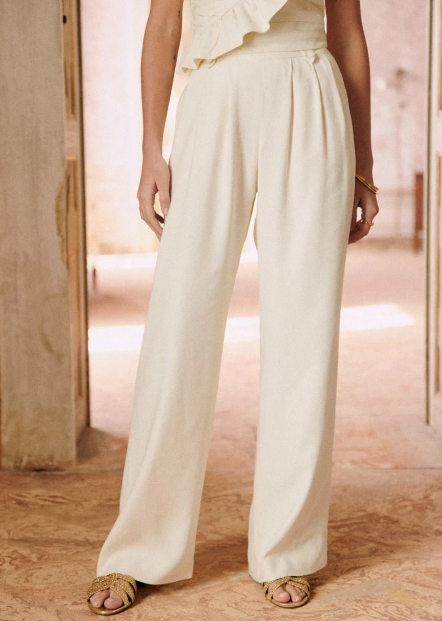 Sezane Women's Loulou White Trousers - Classic Fit High-Waisted Pants for Women