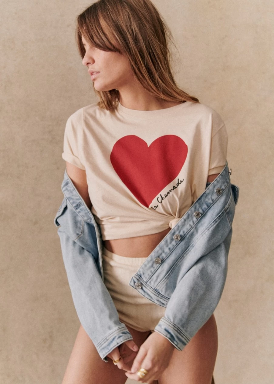 Sézane Women's La Chamade T-Shirt in Cream & Red | Classic Cotton Tee