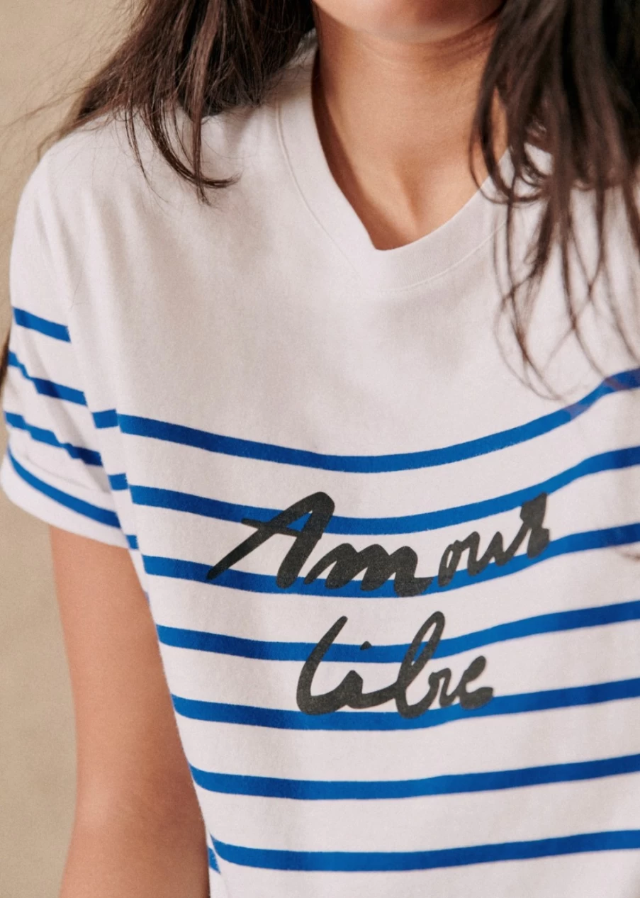 Sezane Women's Amour Libre T-Shirt in Ecru & Blue | Casual Cotton Top